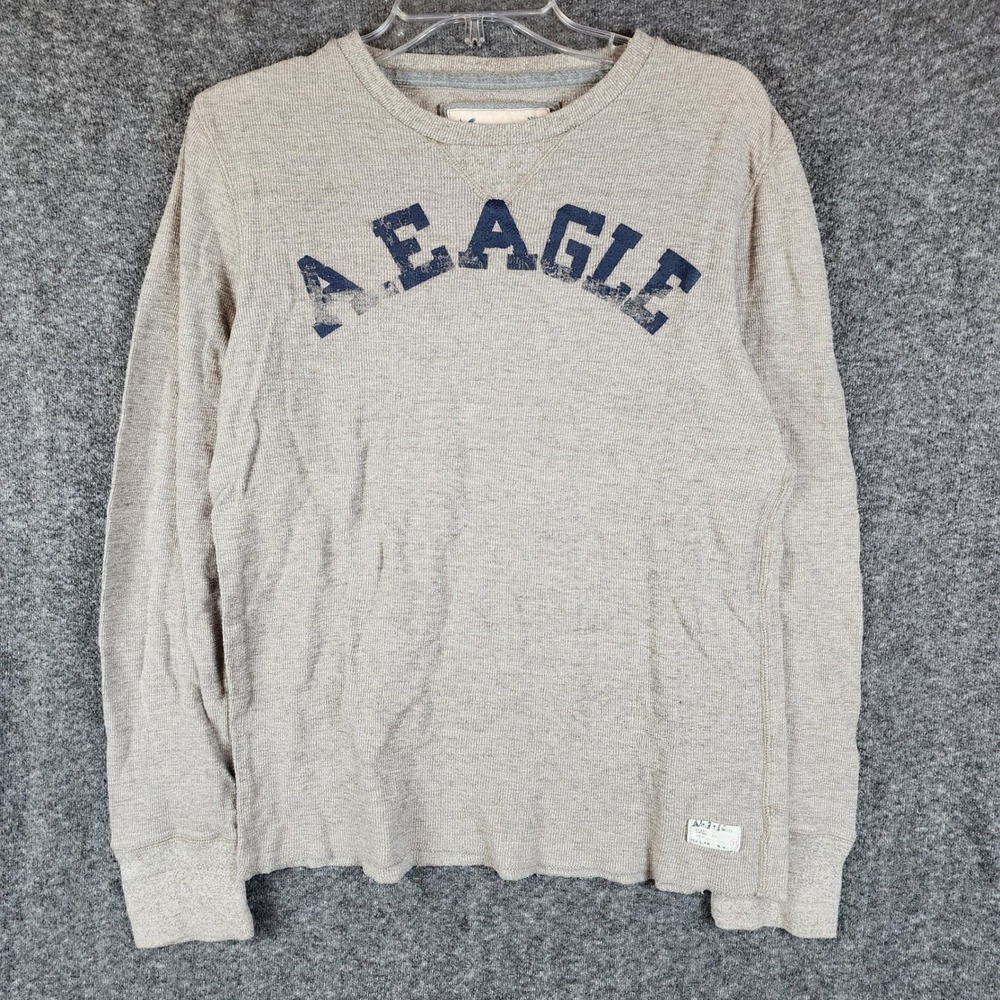 American Eagle Thermal Top Womens M Waffle Knit Oatmeal Distressed Graphic EUC